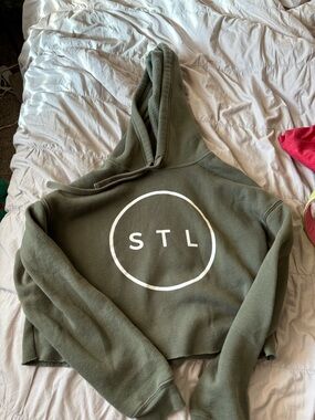 Olive Green Hooded Cropped Sweatshirt with STL Logo